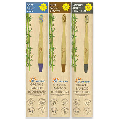 Buy DR. MOREPEN Organic Bamboo Toothbrush For Adults - Blue, Brown & Charcoal 3 Pcs - Purplle