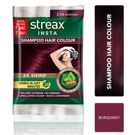 Buy Streax Insta Shampoo Hair colour for 100% Grey Coverage, Burgandy, 18 ml - Purplle