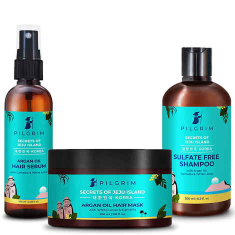 Pilgrim Anti Hairfall Spa Range with Sulphate Free Shampoo 200 ml, Argan Oil Hair Mask 200g and Argan Oil Hair Serum 100 ml | Promotes Growth | Improves Volume | Heat Protects & Nourishes | Men & Women | Korean Beauty Secrets