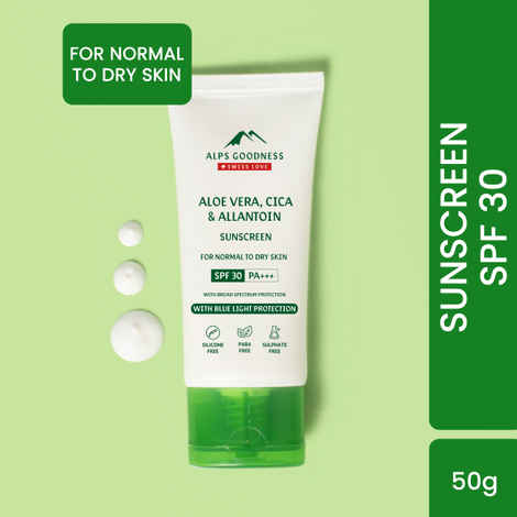 Buy Alps Goodness Blue Light Protection Sunscreen For Normal to Dry Skin SPF 30 PA+++ with Aloe Vera, Cica & Allantoin (50 gm)| Sunscreen for Normal to Dry Skin| Broad Spectrum Protection Sunscreen| PA+++ Sunscreen - Purplle