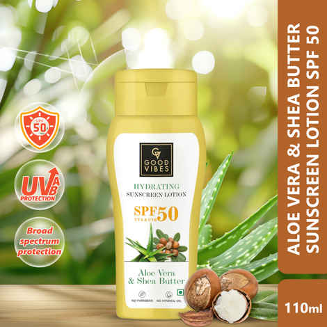 Buy Good Vibes Aloe Vera & Shea Butter Hydrating Sunscreen Lotion SPF 50, Skin Moisturizing | Vegan, No Parabens, No Mineral Oil, No Silicones (110 ml) - Purplle