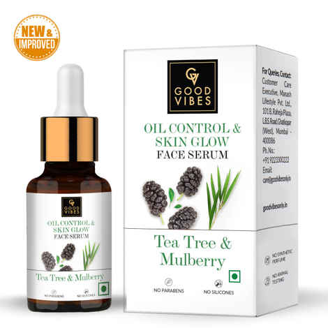 Good Vibes Tea Tree + Mulberry Skin Glow & Oil Control Serum | Anti-Ageing| With Castor Oil | No Parabens, No Sulphates, No Silicones (10 ml)