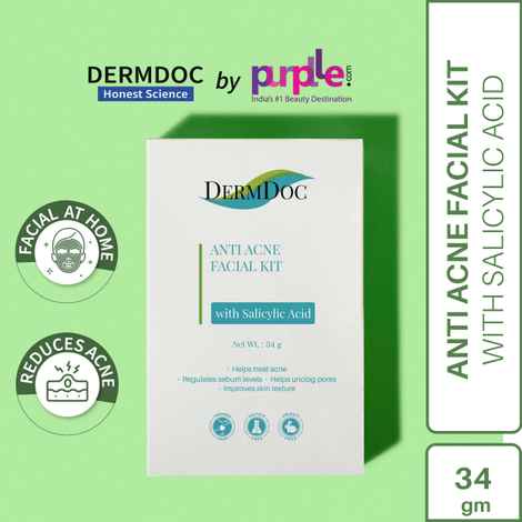 DERMDOC by Purplle Anti Acne Facial Kit with Salicylic Acid (34 gm) | facial for acne, oil control | cleanser, scrub, toner, cream, peel off mask