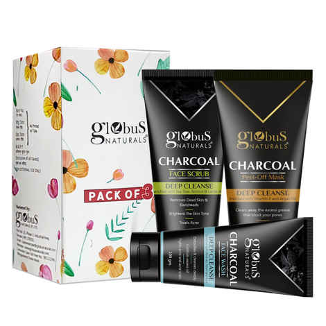 Buy Globus Naturals Activated Charcoal Anti Acne, Anti Pollution, Anti Tan Kit | Removes Blackheads, De-tans, Unclogs Pores & Deep Cleanses| Face Wash, Face Scrub, Face Mask Pack of 3 - Purplle