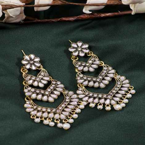 Crunchy Fashion Ethnic Gold-Plated Jadau White Kundan Long