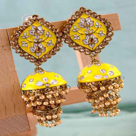 Crunchy Fashion Traditional Gold-Plated Yellow Meenakari Layered