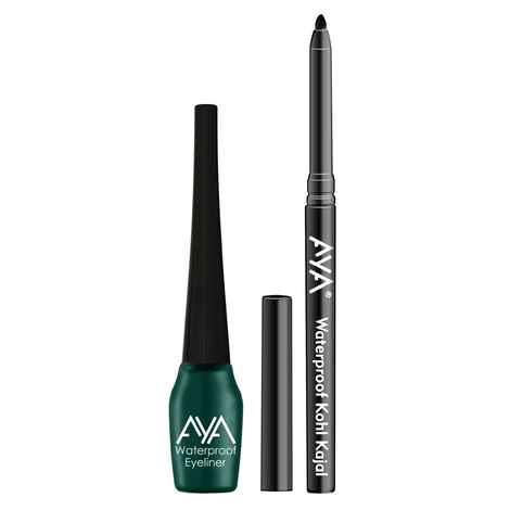 AYA Waterproof Liquid Eyeliner, Green + Jet black Waterproof Kohl Kajal Combo of 2
