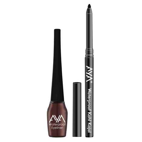 AYA Waterproof Liquid Eyeliner, Brown + Jet black Waterproof Kohl Kajal Combo of 2