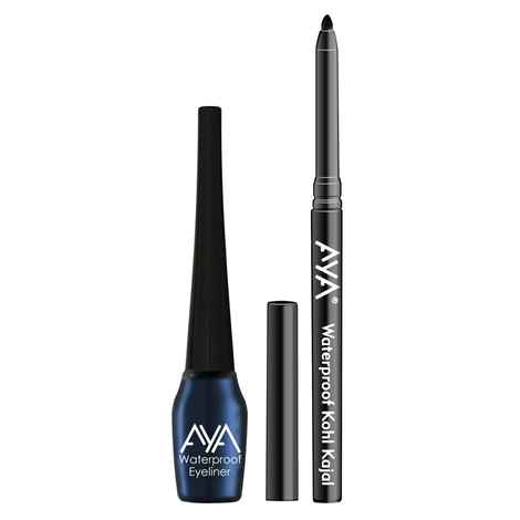 AYA Waterproof Liquid Eyeliner, Blue + Jet black Waterproof Kohl Kajal Combo of 2