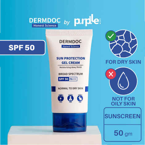 Buy DERMDOC SPF 50 UVA & UVB Broad Spectrum Sun Protection Gel Cream (50 gm) | PA+++ | Sunblock | Sun Damage I Dry Skin I Water & Sweat Resistant I Non-Comedogenic - Purplle
