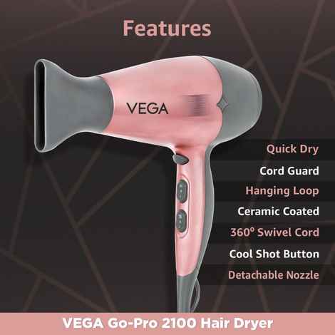 Buy VEGA Go-Pro 2100 Hair Dryer with Cool Shot Button & 3 Heat Settings (Ananya Panday Signature Collection), VHDH-25 - Purplle