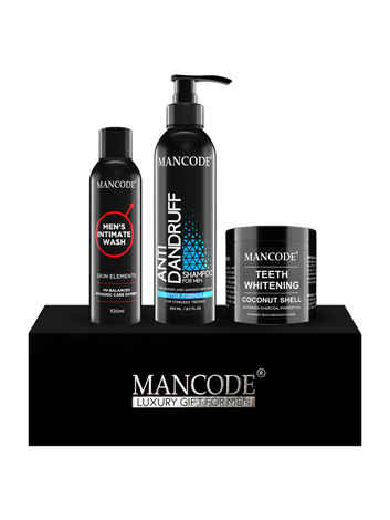 Buy Mancode Gift Set for Men - Premium Luxury Bath Essential Kit (Intimate Wash + Anti Dandruff Shampoo + Teeth Whitening) Gift Set - 07 - Purplle