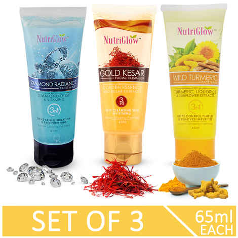 Buy NutriGlow Combo of 3 Face Wash- Gold Kesar (65 ml)|Diamond Radiance (65 ml)|Wild Turmeric (65 ml) For All Skin Types/ Skin Whitening/ Skin Glowing - Purplle