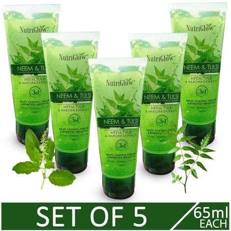 Buy NutriGlow Set of 5 Neem & Tulsi Face Wash/ With Neem, Tulsi & Haridra Extracts/ Helps Control Pimples & Removes Impurities (65 ml each) - Purplle