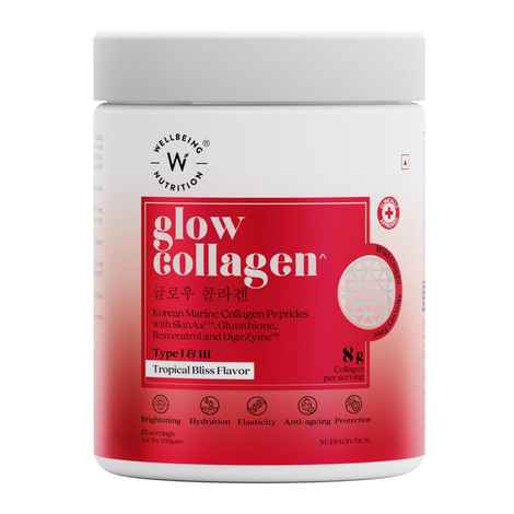 Buy Wellbeing Nutrition Glow Korean Marine Collagen Peptides with SkinAx²™, Glutathione, Resveratrol, DigeZyme™ & Goji Berry for Anti-aging, Hydration & Skin Brightening | Tropical Bliss Flavor - 250g - Purplle
