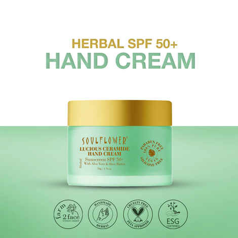 Buy Soulflower Sunscreen SPF 50+ Hand Cream with Aloe Vera and Shea Butter, Soulflower Lucious Ceramide Paraben Free, Silicon Free, Vegan, Non Comedogenic Moisturizer, 50 gm - Purplle
