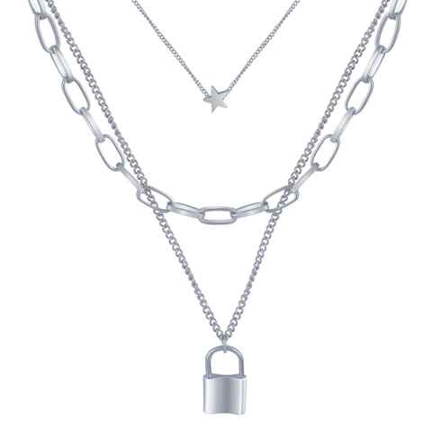 Buy Fashion Frill Trendy Lock Design Silver Plated Multi Layered Chain Necklace Jewellery For Women - Purplle