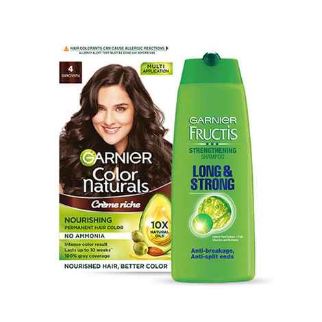 Buy Garnier Color Naturals No Ammonia Permanent Hair Color Shade 4 - Brown (70ml + 60g) + Garnier Fructis Strengthening Shampoo Long & Strong 175ml (Combo Pack of 2) - Purplle