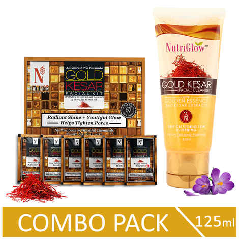 NutriGlow NATURAL'S Advanced Pro Formula Gold Kesar Facial Kit (60 gm) & Facial Cleanser For Deep Cleansing (65 ml)