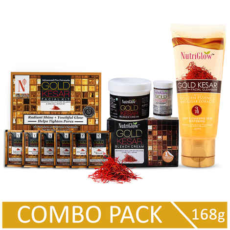 Buy NutriGlow NATURAL'S Advanced Pro Formula Gold Kesar Facial Kit (60 gm)/ Bleach Cream (43 gm) & Facial Cleanser (65 ml) For Relief from Sunburns - Purplle