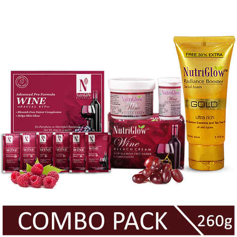 NutriGlow Natural's Advanced Pro Formula Combo of 3 Wine Facial Kit (60 gm)/ Bleach Cream (43 gm) & Gold Radiance Booster (65 ml)