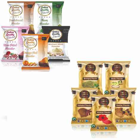 Online Quality Store SeparaMultani Mitti powder, Chandan, Orange Peel, Neem, Rose, Amla, Reetha, Shikakai, Bhringraj, Hibiscus powder (600 gm , Pack of 10){mticombo400_hibiscom200}
