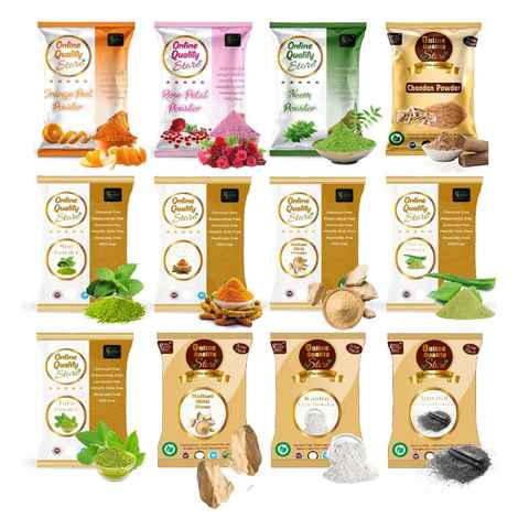 Online Quality Store Multani Mitti, Neem , Orange Peel , Rose , Chandan, Activated Charcoal, Multani Mitti , Kaolin Clay , Mint ,Kasturi Haldi , Alovera , Tulsi powder -600 gm Pack{All_skincare_in1_600}