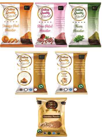 Online Quality Store Multani Mitti Powder (50 gm) with Kasturi Turmeric Powder (50 gm) Orange Powder (50 gm), Neem (50 gm), Chandan Powder (50 gm) and Rose (50 gm)- 300 g (Set of 6){mitticombo_50_haldi_50}