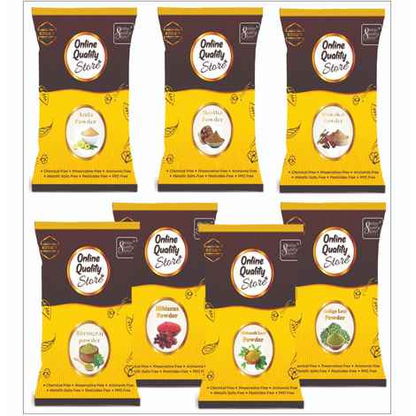 Buy Online Quality Store Reetha (200 gm) + Amla (200 gm) + Shikakai (200 gm) + Bhringraj (200 gm) + Hibiscus (200 gm) + Mehandi (200 gm) + FREE Indigo (200 gm) Powder For Hairs- 1400 gm (Set of 7) {hibiscombo_meh_ind_200} - Purplle