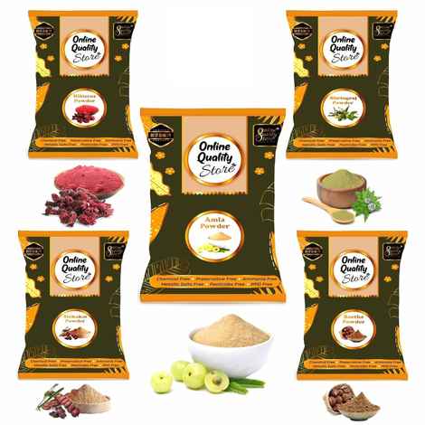 Buy Online Quality Store Amla, Reetha, Shikakai, Bhringraj and Hibiscus Powder for Hair |hair pack powder combo |hair care products |Aritha|Ritha-(Pack of 5 ,Total 1900g Pack){hib_ala_rt_sika_bri_1900} - Purplle