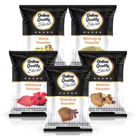 Buy Online Quality Store Amla Reetha Shikakai Bhringraj and Hibiscus Powder for Hair |Ritha|Soapnuts|Aritha|Indian Gooseberry powder |organic Bhringraj Powder |gudhal ,400 gm Pack{hib_ala_rt_sika_bri_400} - Purplle