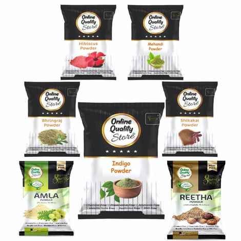 Buy Online Quality Store Reetha (100 gm) + Amla (100 gm) + Shikakai (100 gm) + Bhringraj (100 gm) + Hibiscus (100 gm) + Mehandi (100 gm) + FREE Indigo (100 gm) Powder For Hairs, 700 gm{hibiscombo_meh_ind_100} - Purplle