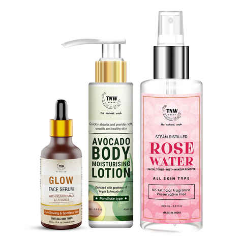 Buy Combo of 3- Body Lotion Avocado 100ml & Rose Water Spray Bottle 200ml & Glow Face Serum 30ml - Purplle