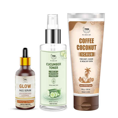 Buy Combo of 3- Coffee Coconut Scrub & Glow Face Serum 30ml & Cucumber Toner 100ml - Purplle