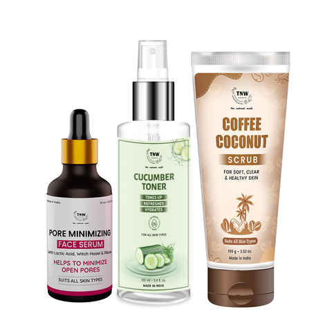 Buy Combo of 3- Coffee Coconut Scrub & Pore Minimizing Face Serum 15ml & Cucumber Toner 100ml - Purplle
