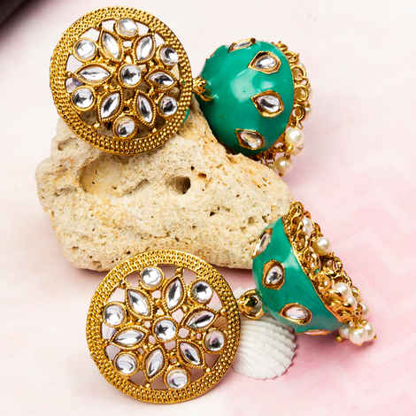 Buy Jewels Galaxy Teal Green Gold-Plated Stone-Studded Beaded Dome Shaped Jhumkas - Purplle