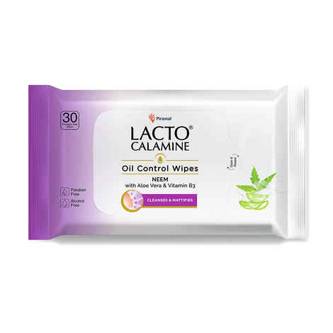 Lacto Calamine Oil Control Wipes with Neem, Vitamin B3 and Aloe Vera – No Parabens Alcohol Free, 30 Wipes