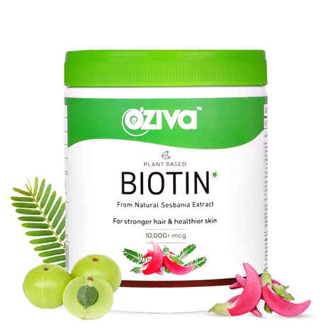 Buy OZiva Plant Based Biotin 10000+ mcg (with Natural Sesbania Agati Extract, Bamboo Shoot, Amla, Pomegranate), For Stronger Hair & Healthier Skin, 125 gm - Purplle