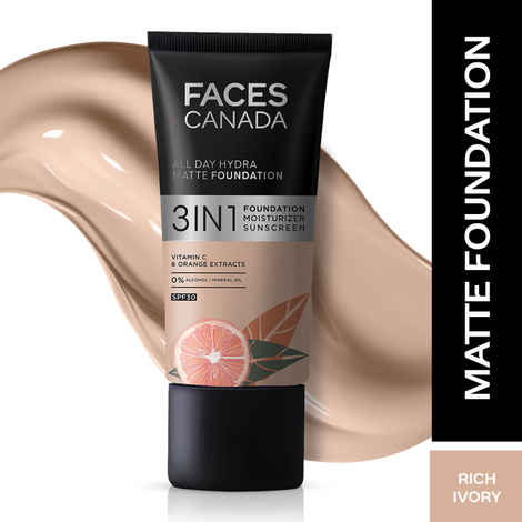 FACES CANADA All Day Hydra Matte Foundation | 3-in-1 Foundation + Moisturizer + SPF30 | 10HR Long Wear | Buildable Coverage | Rich Ivory, 25 ml