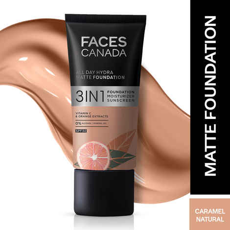 FACES CANADA All Day Hydra Matte Foundation | 3-in-1 Foundation + Moisturizer + SPF30 | 10HR Long Wear | Buildable Coverage | Caramel Natural, 25 ml