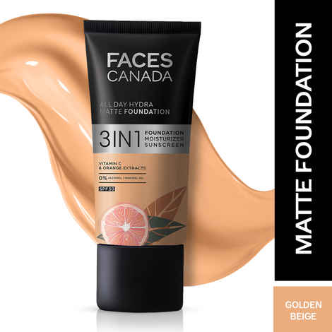 FACES CANADA All Day Hydra Matte Foundation | 3-in-1 Foundation + Moisturizer + SPF30 | 10HR Long Wear | Buildable Coverage | Golden Beige, 25 ml