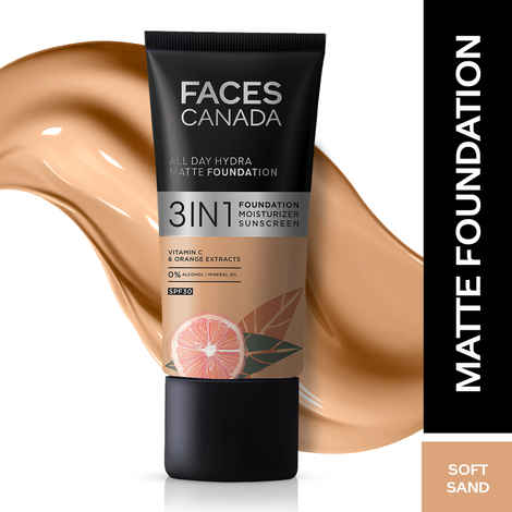 FACES CANADA All Day Hydra Matte Foundation | 3-in-1 Foundation + Moisturizer + SPF30 | 10HR Long Wear | Buildable Coverage | Soft Sand, 25 ml