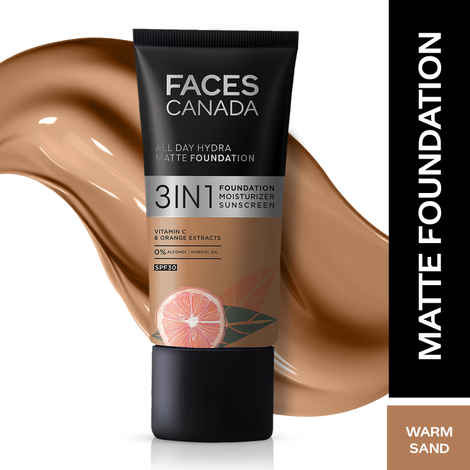 Buy FACES CANADA All Day Hydra Matte Foundation | 3-in-1 Foundation + Moisturizer + SPF30 | 10HR Long Wear | Buildable Coverage | Warm Sand, 25 ml - Purplle