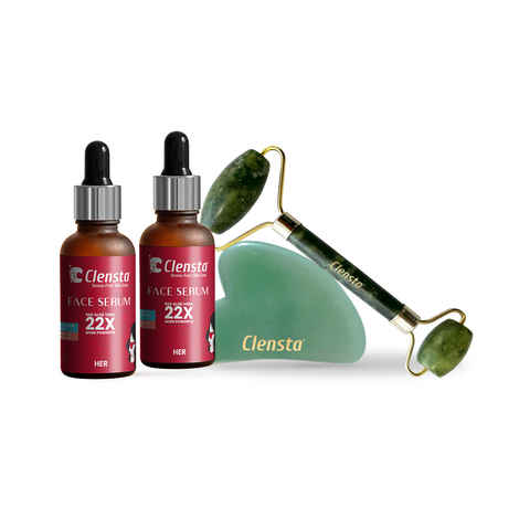 Buy Clensta Celerbrity Face Cuts pack for Women | Clensta Face Serum With 2% Hyaluronic Infused With Vitamin B5 | Clensta Face Serum With 2% Alpha Arbutin & 2% Hyaluronic Acid | Jade Roller | Gua Sha For Women - Purplle