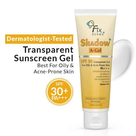 Fixderma Shadow Sunscreen A-Gel SPF 30, Moisturizer For Acne Prone Skin,Sun Screen Protector SPF 30, Sunscreen For Body & Face, Broad Spectrum Sunscreen For Uva & Uvb Protection, Sunscreen For Women & Men,Transparent Gel - 75 ml
