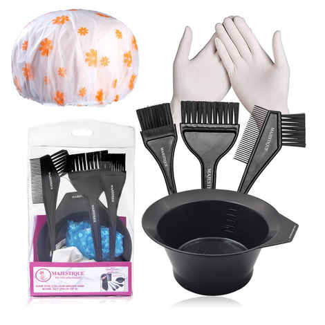 Buy Majestique 6-Piece Hair Dye Brush Coloring Kit with Brush, Tinting Bowl, Coloring Cape, and Gloves for Hair Dyeing and Bleaching - 6 Pcs - Purplle