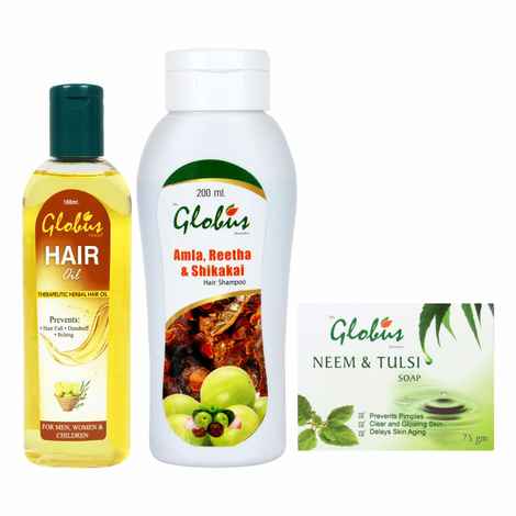 Buy Globus Neem Tulsi Soap+ Globus Hair Oil+ Globus Herbal Shampoo (375 gm) - Purplle