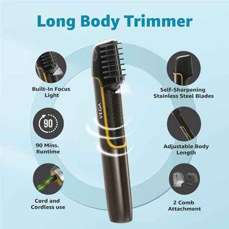 Buy Vega Long Body Groomer & Trimmer for Men with Focus Light, 90 Min Runtime, Extendable Handle, Cord & Cordless Use, 2 Comb Attachment & Adjustable Body Length, (VHTH-29) - 1 pc - Purplle