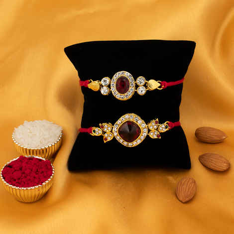 Sukkhi Kundan & Gold Plated Rakhi Combo Set For Brother - With Roli Chawal & Card (Set Of 2)