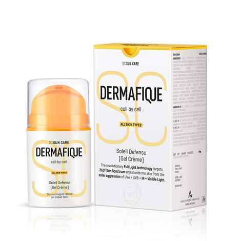 Buy Dermafique Soleil Defense Gel Creme SPF 30 Sunscreen, for All Skin Types, Protects from tanning and pigmentation, Targets UVA, UVB, Infra-red and Visibile Light, , Lightweight & Non-sticky, Dermatologist Tested, paraben free (50 gm) - Purplle